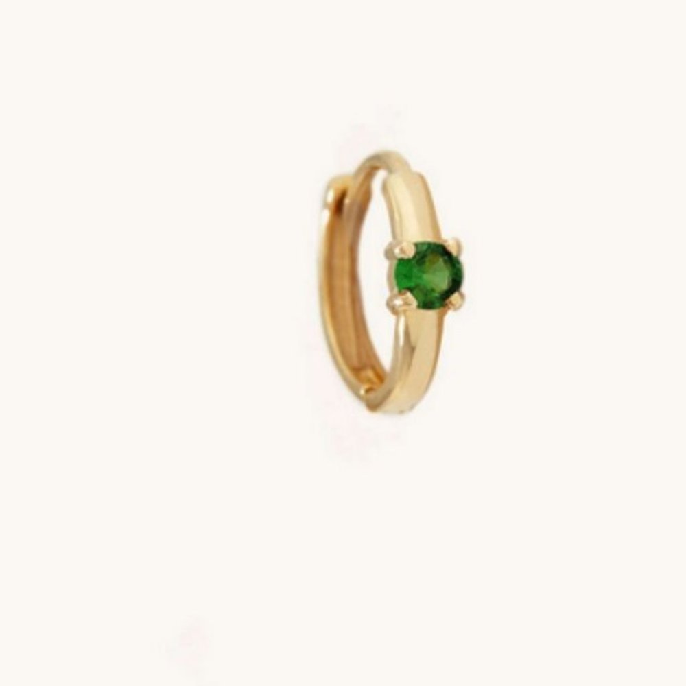 Two Colored Mini Hoop: 14k Yellow Gold, Tsavorite and White Sapphire